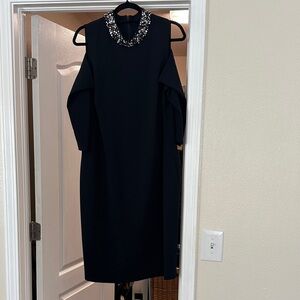Eliza J Black Cold-Shoulder Midi Dress with Jeweled Collar